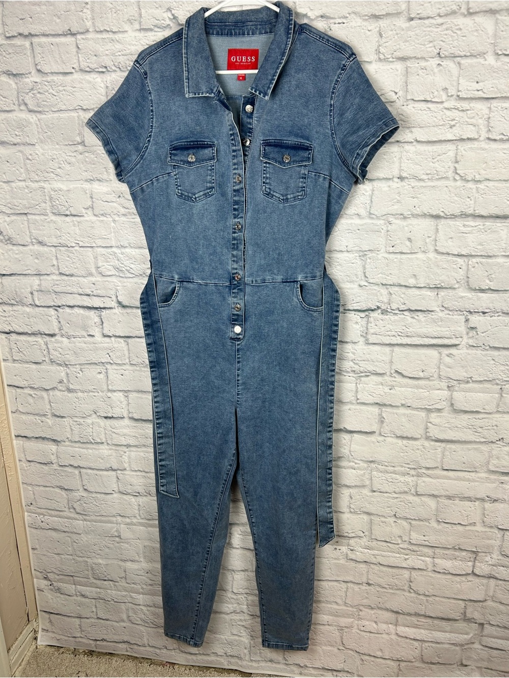 GUESS Women’s XL Denim Jumpsuit Short Sleeve Utility Belted Stretch Blue